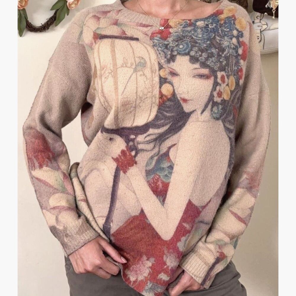 Art Graphic Chinese Opera Retro Inspired Loose Fit Knit Pullover Sweater L/XL